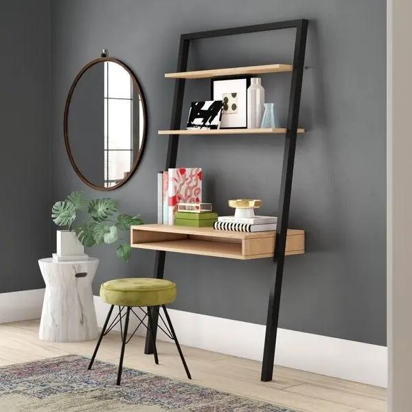 Farmhouse Rustic Oak Black Leaning Ladder Writing Desk 2 Shelves by HomePacific