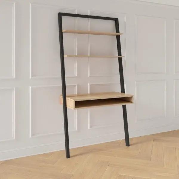 Farmhouse Rustic Oak Black Leaning Ladder Writing Desk 2 Shelves by HomePacific
