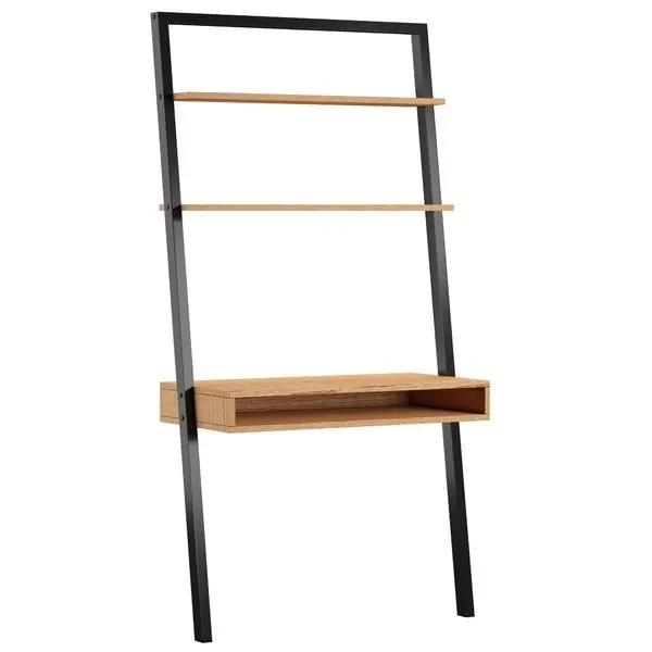 Farmhouse Rustic Oak Black Leaning Ladder Writing Desk 2 Shelves by HomePacific