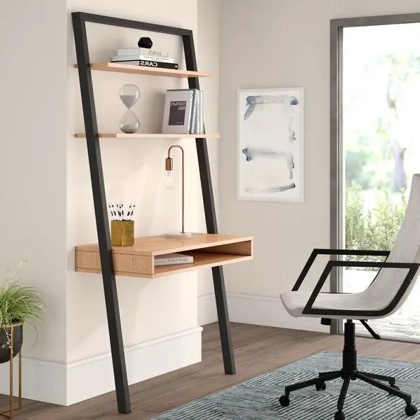 Farmhouse Rustic Oak Black Leaning Ladder Writing Desk 2 Shelves by HomePacific