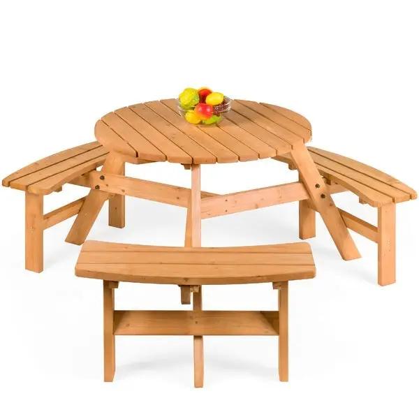 Outdoor Round Wood Picnic Table Bench Set with Umbrella Hole - Seats 6 by HomePacific