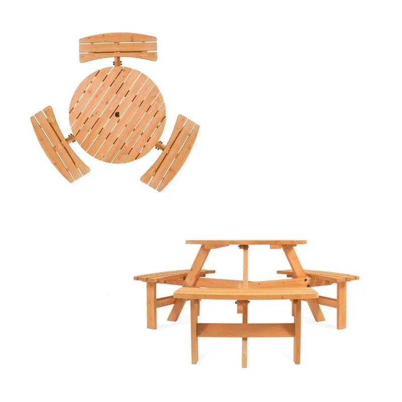 Outdoor Round Wood Picnic Table Bench Set with Umbrella Hole - Seats 6 by HomePacific