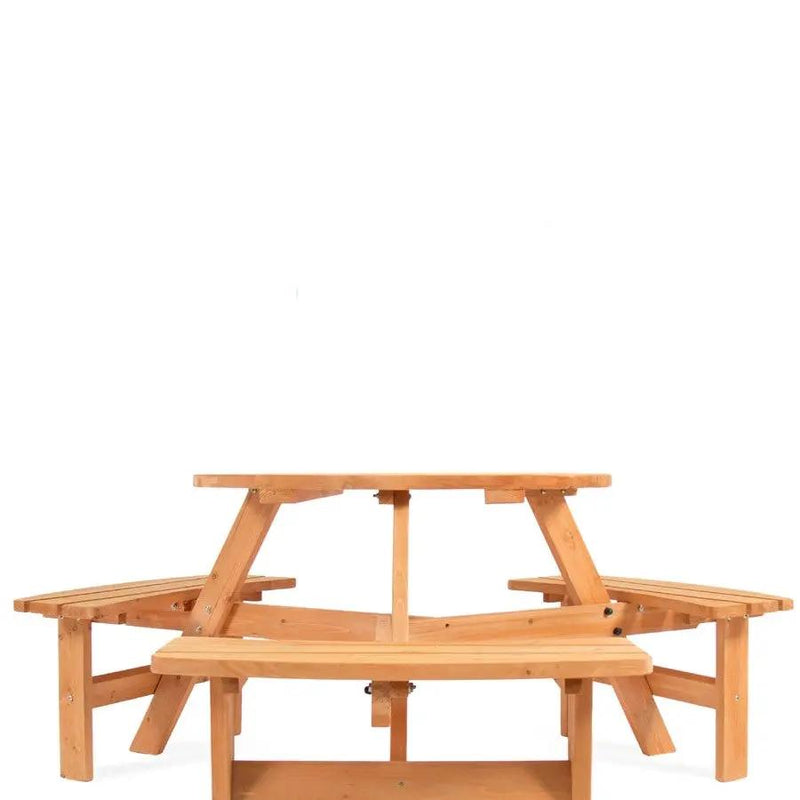 Outdoor Round Wood Picnic Table Bench Set with Umbrella Hole - Seats 6 by HomePacific