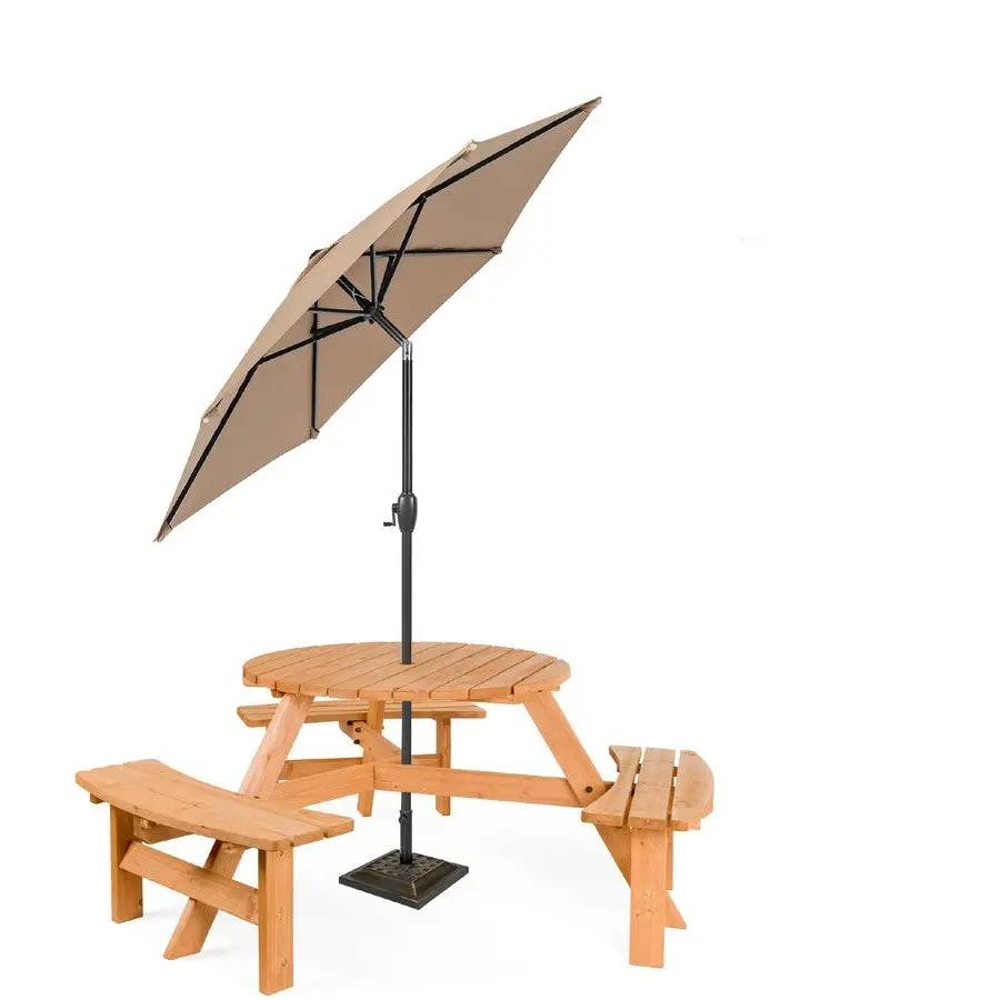 Outdoor Round Wood Picnic Table Bench Set with Umbrella Hole