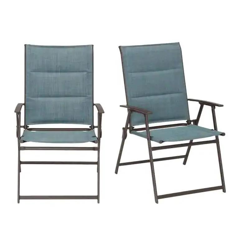 Set of 2 - Outdoor Folding Patio Dining Chair with Blue Denim Padded Seat by HomePacific