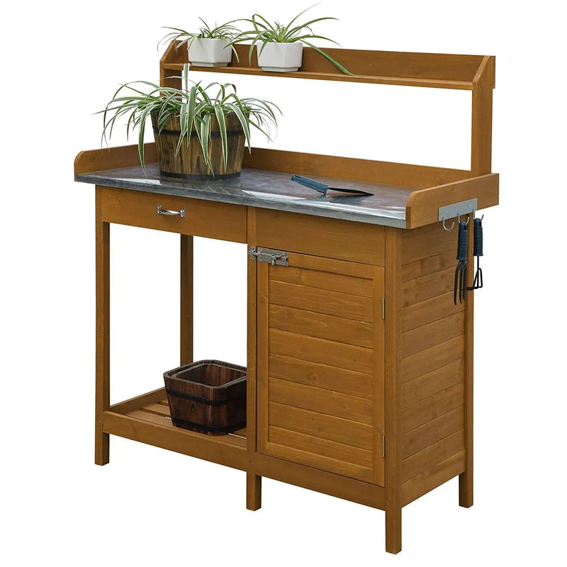 Outdoor Home Garden Potting Bench with Metal Table Top and Storage Cabinet by HomePacific