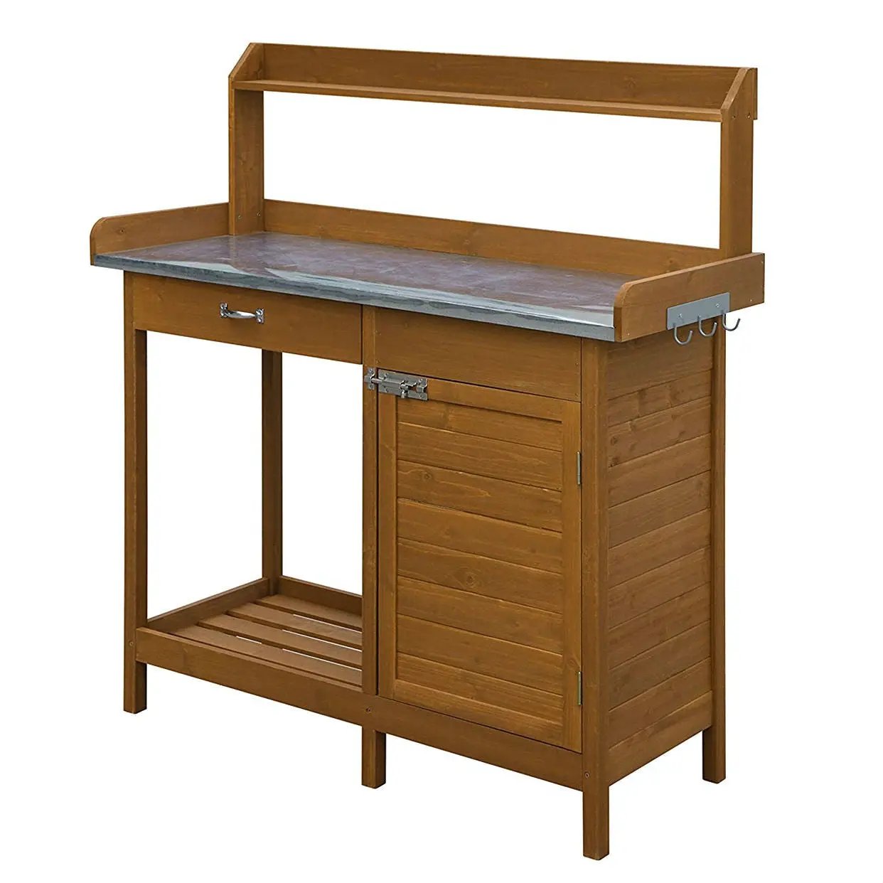 Outdoor Home Garden Potting Bench with Metal Table Top and Storage Cabinet by HomePacific