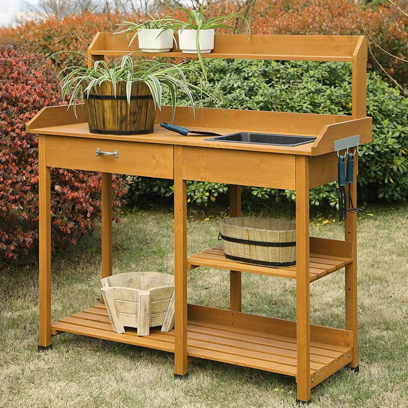 Wooden Potting Bench Work Table-sink Light Oak Finish by HomePacific