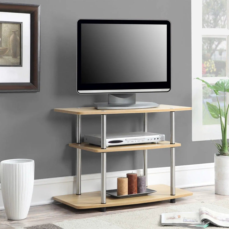 Modern TV Stand Light Oak Wood Finish with Sturdy Stainless Steel Poles by HomePacific