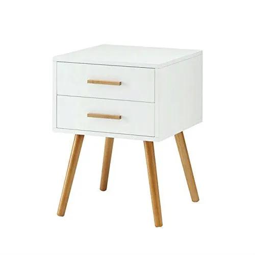 Modern 2-Drawer End Table Nightstand in White with Mid-Century Style Wood Legs by HomePacific