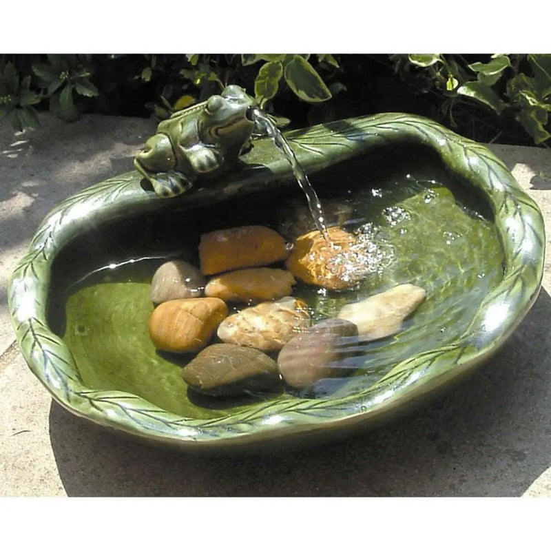 Green Glazed Ceramic Fountain Bird Bath with Frog and Solar Pump by HomePacific