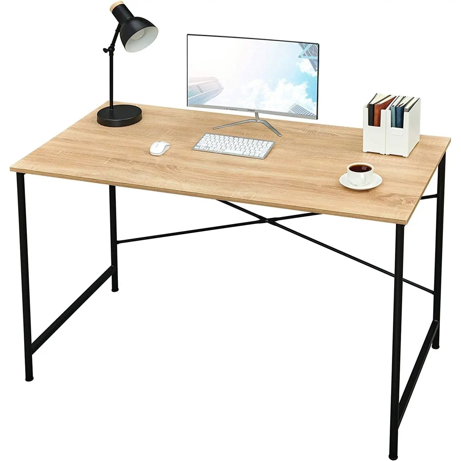 Modern Home Office Computer Desk Table with Black Metal Frame Wood Top in Oak by HomePacific