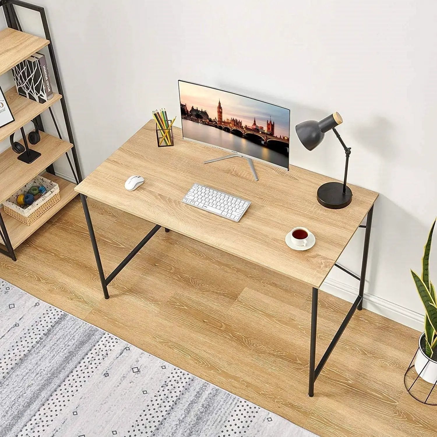 Modern Home Office Computer Desk Table with Black Metal Frame Wood Top in Oak by HomePacific