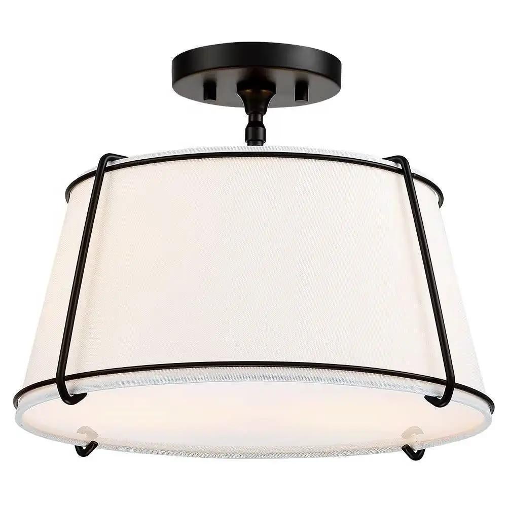 2-Light Round 15-inch White Drum Ceiling Light w/ Black Metal - Semi-Flush Mount by HomePacific