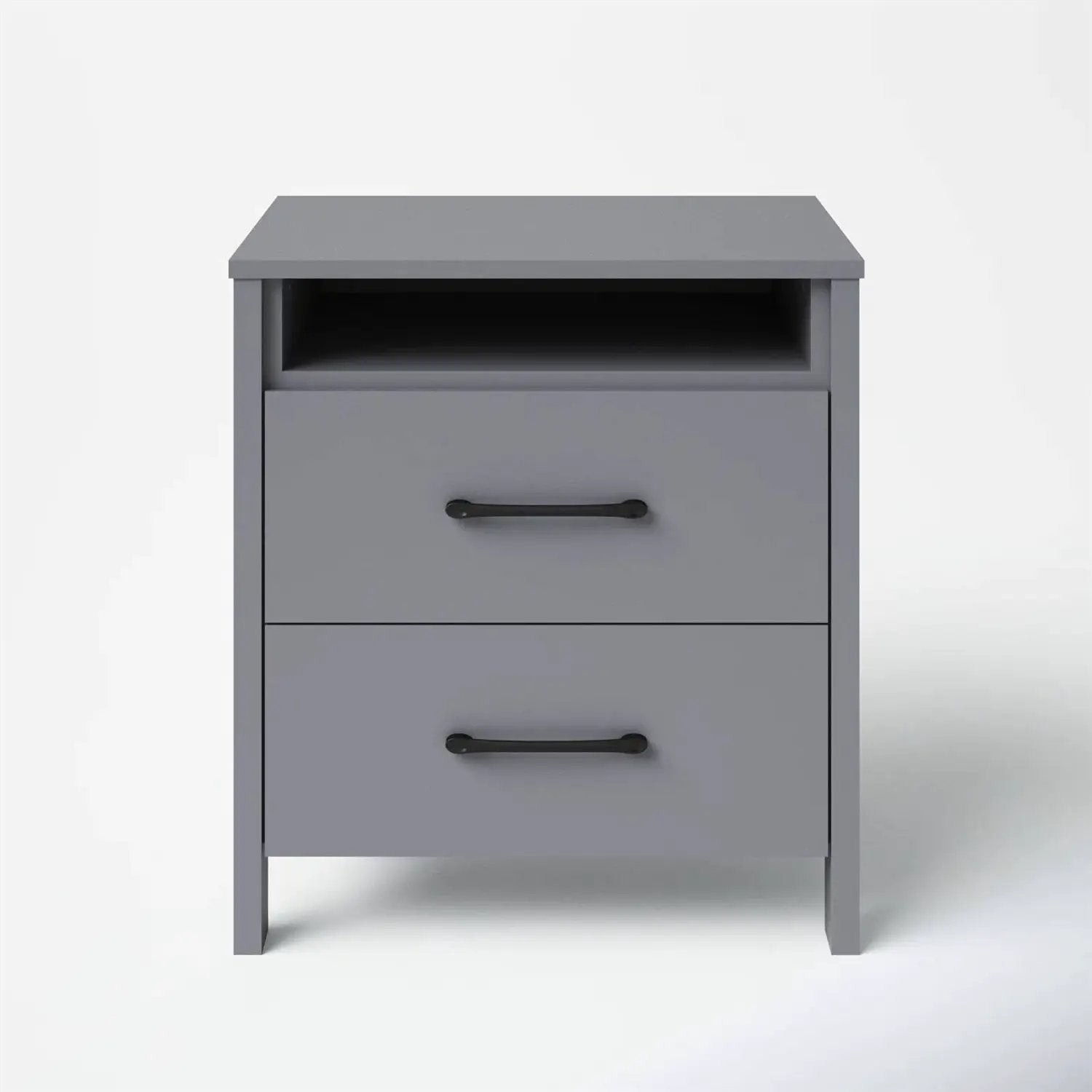 Modern 2-Drawer Bedside Table Nightstand with Open Shelf in Grey Wood Finish by HomePacific