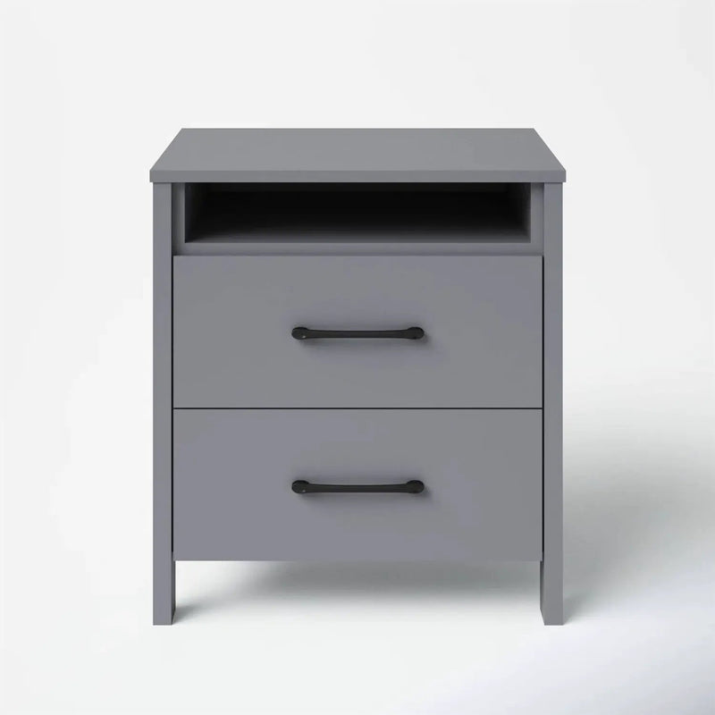 Modern 2-Drawer Bedside Table Nightstand with Open Shelf in Grey Wood Finish by HomePacific