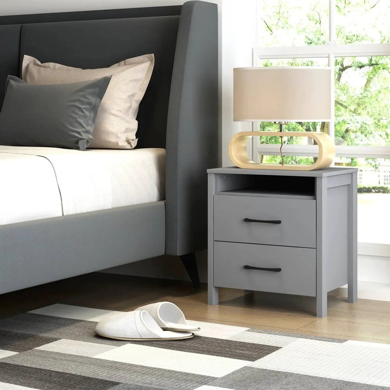 Modern 2-Drawer Bedside Table Nightstand with Open Shelf in Grey Wood Finish by HomePacific