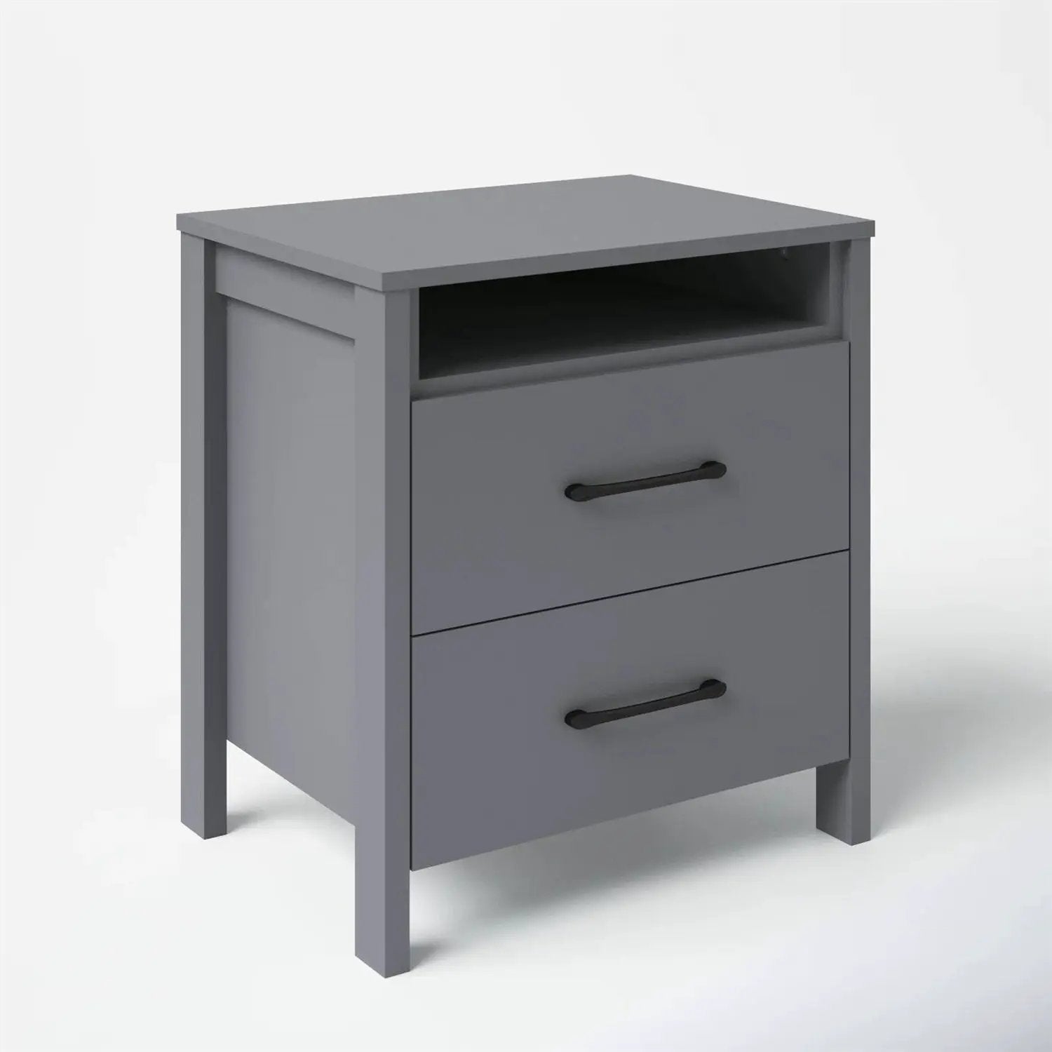 Modern 2-Drawer Bedside Table Nightstand with Open Shelf in Grey Wood Finish by HomePacific