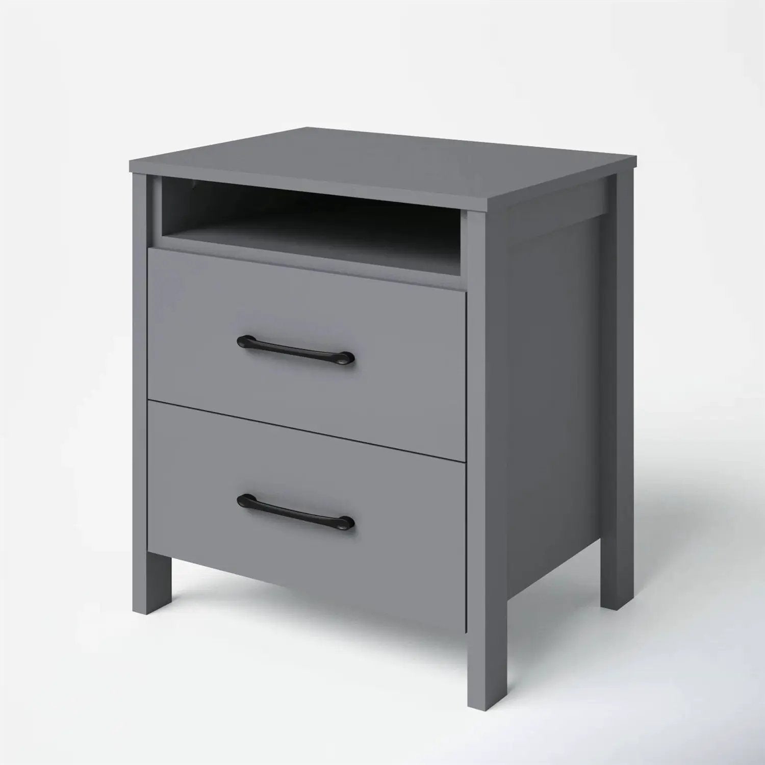 Modern 2-Drawer Bedside Table Nightstand with Open Shelf in Grey Wood Finish by HomePacific