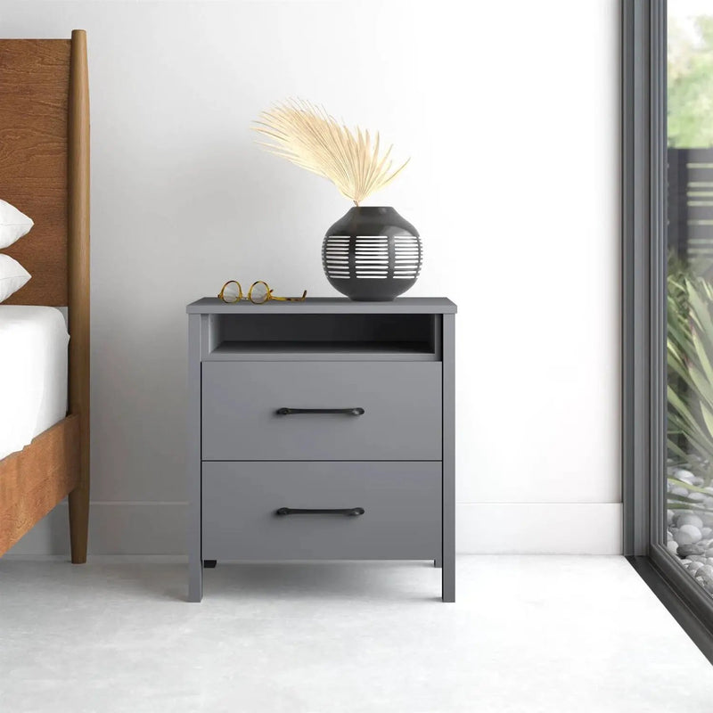 Modern 2-Drawer Bedside Table Nightstand with Open Shelf in Grey Wood Finish by HomePacific