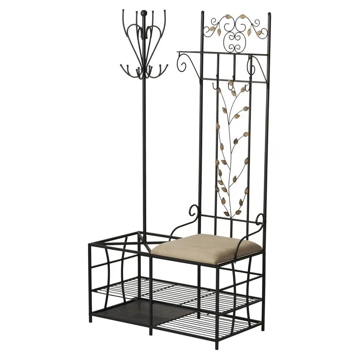 Entryway Hall Tree Coat Rack Storage Bench with Scrolling Leaves Scrollwork by HomePacific