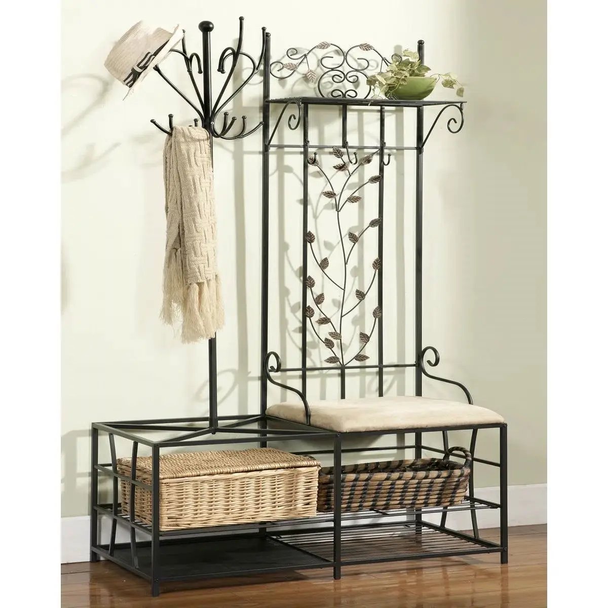 Entryway Hall Tree Coat Rack Storage Bench with Scrolling Leaves Scrollwork by HomePacific
