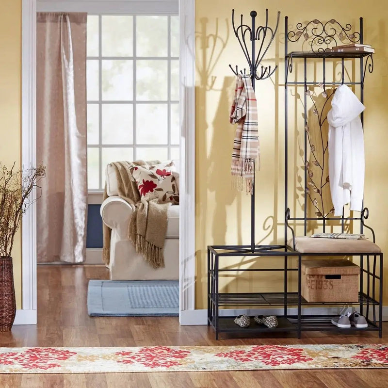 Entryway Hall Tree Coat Rack Storage Bench with Scrolling Leaves Scrollwork by HomePacific
