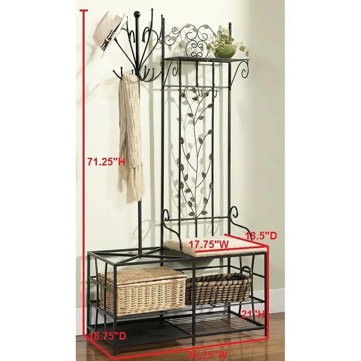 Entryway Hall Tree Coat Rack Storage Bench with Scrolling Leaves Scrollwork by HomePacific