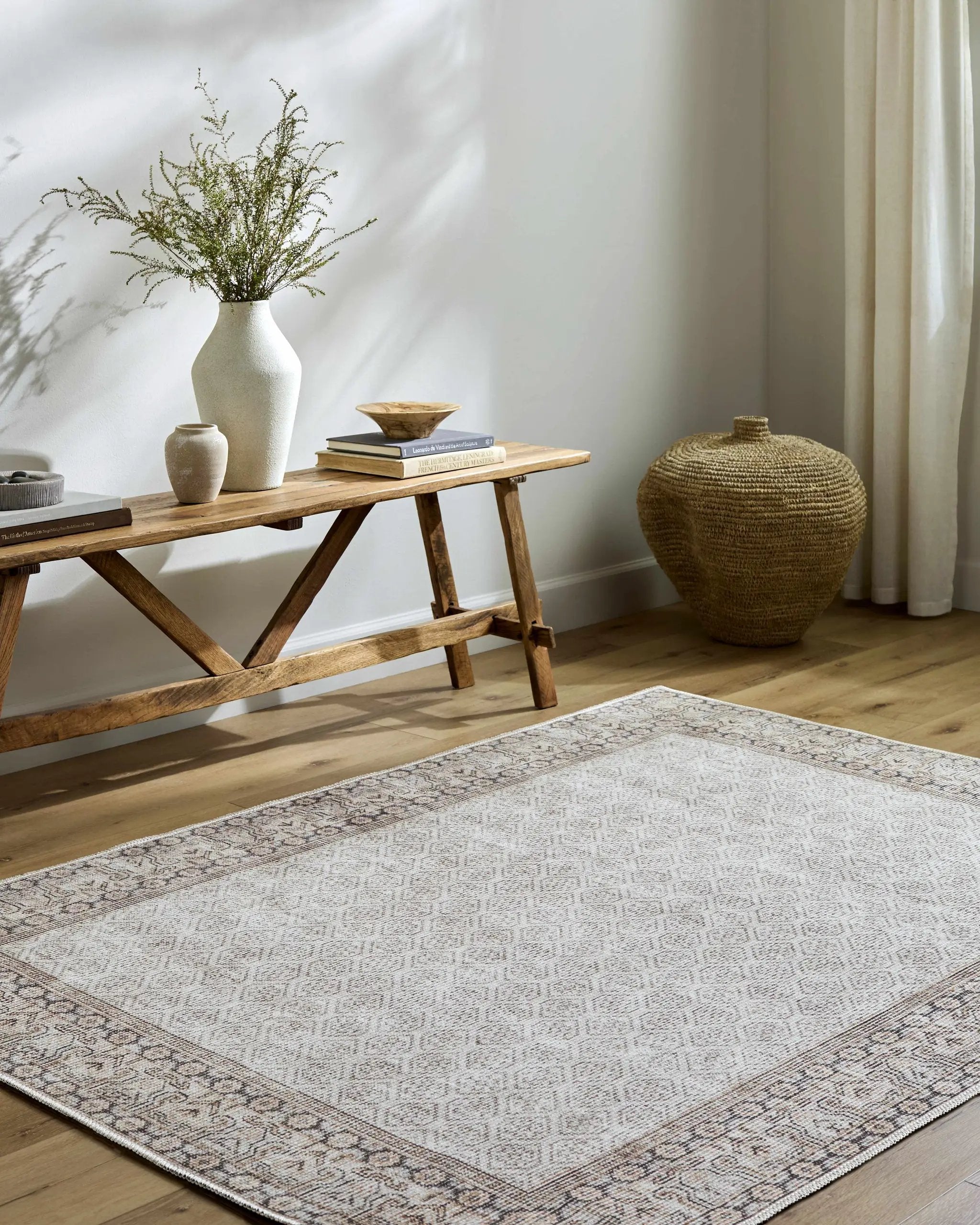 Rainier Cottage Border Beige Washable Rug | Our PNW Home X Livabliss by Boutique Rugs
