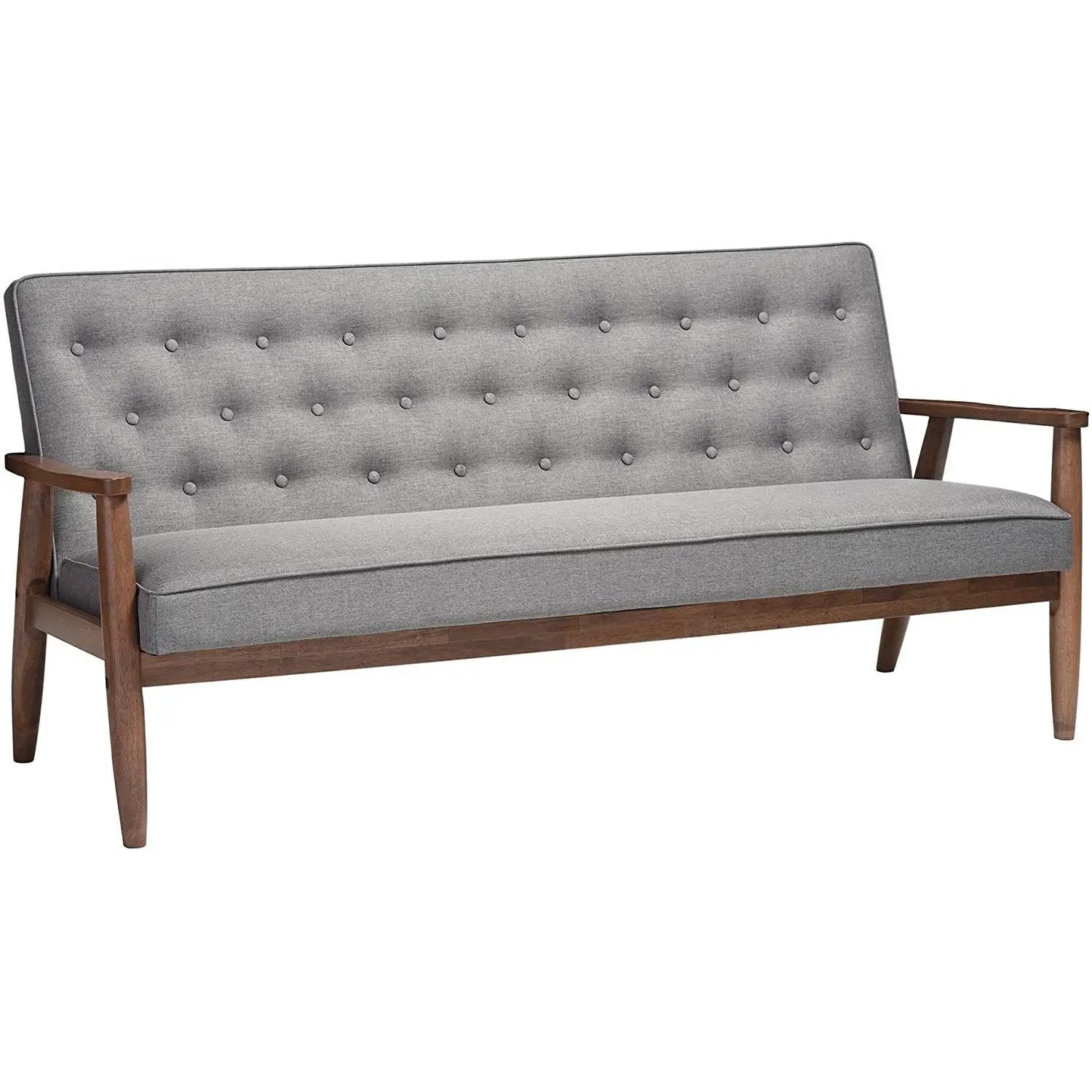 Modern Grey Button-Tufted Upholstered Sofa with Dark Walnut Wood Finish Frame by HomePacific