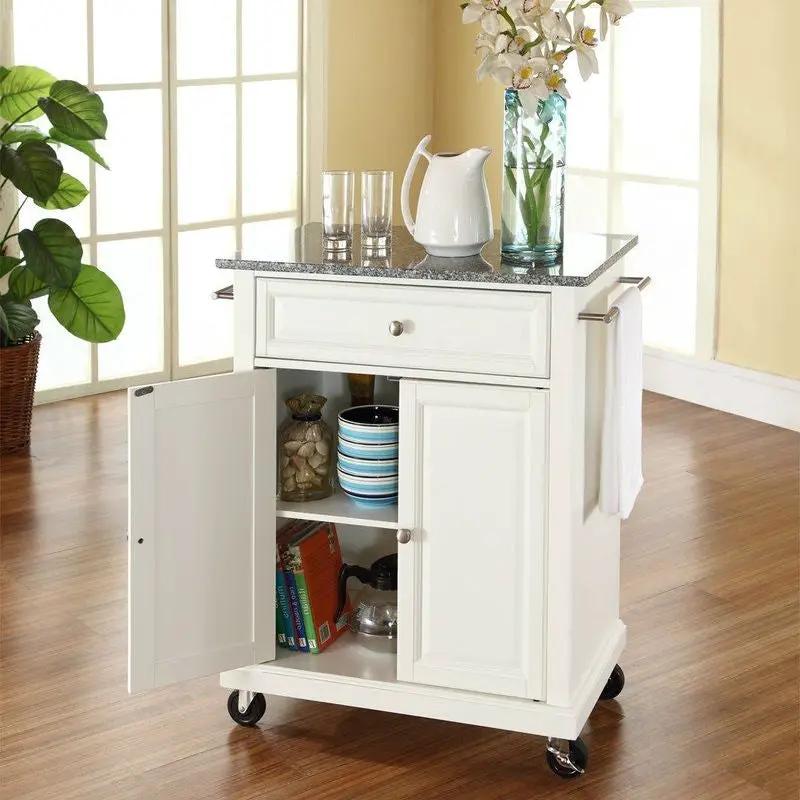 White Kitchen Cart with Granite Top and Locking Casters Wheels by HomePacific