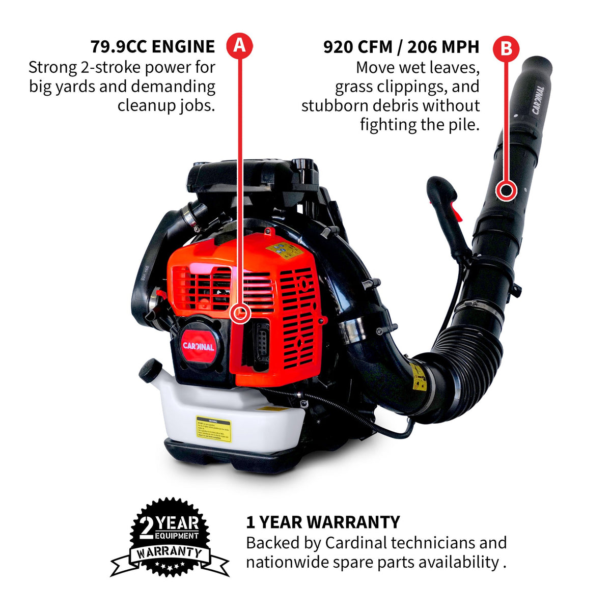 Cardinal 79.9cc Backpack Leaf Blower 920 CFM 206 MPH Gas Powered Professional Lawn Care Landscaping Yard Cleanup, photo 3 of 9