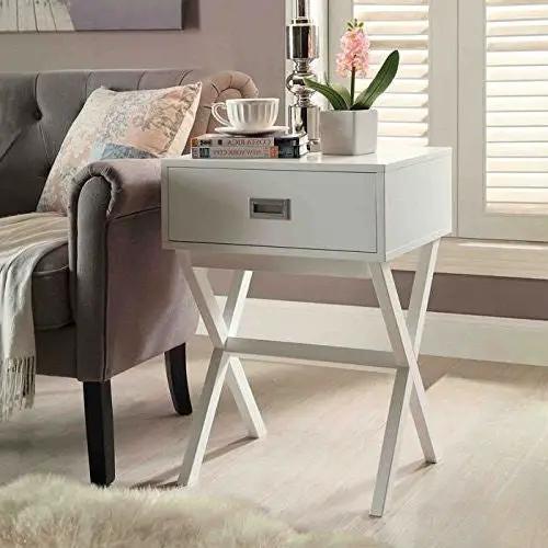 White Modern 1-Drawer End Table Nightstand with X-Legs by HomePacific