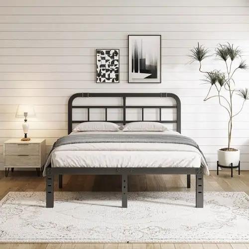 California King Size Heavy Duty Black Metal Platform Bed Frame with Headboard by HomePacific