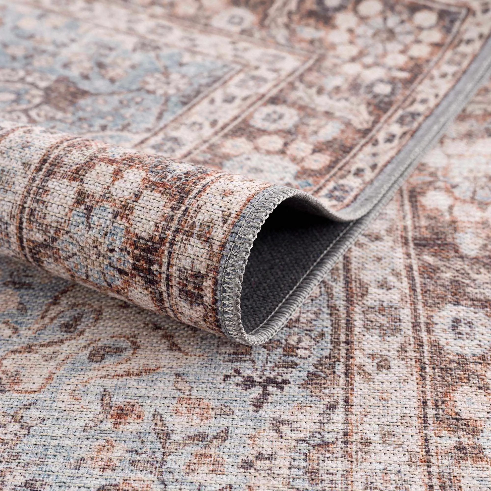 Brown Blue Dauis Vintage Washable Rug by Hauteloom
