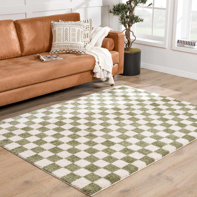 Canika Green Checkered Washable Plush Rug by Boutique Rugs