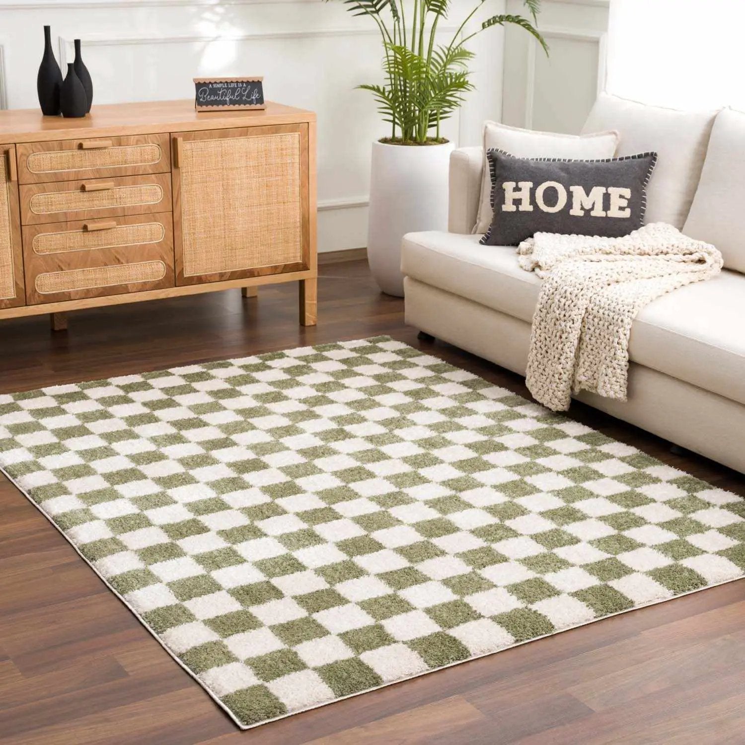 Canika Green Checkered Washable Plush Rug by Boutique Rugs