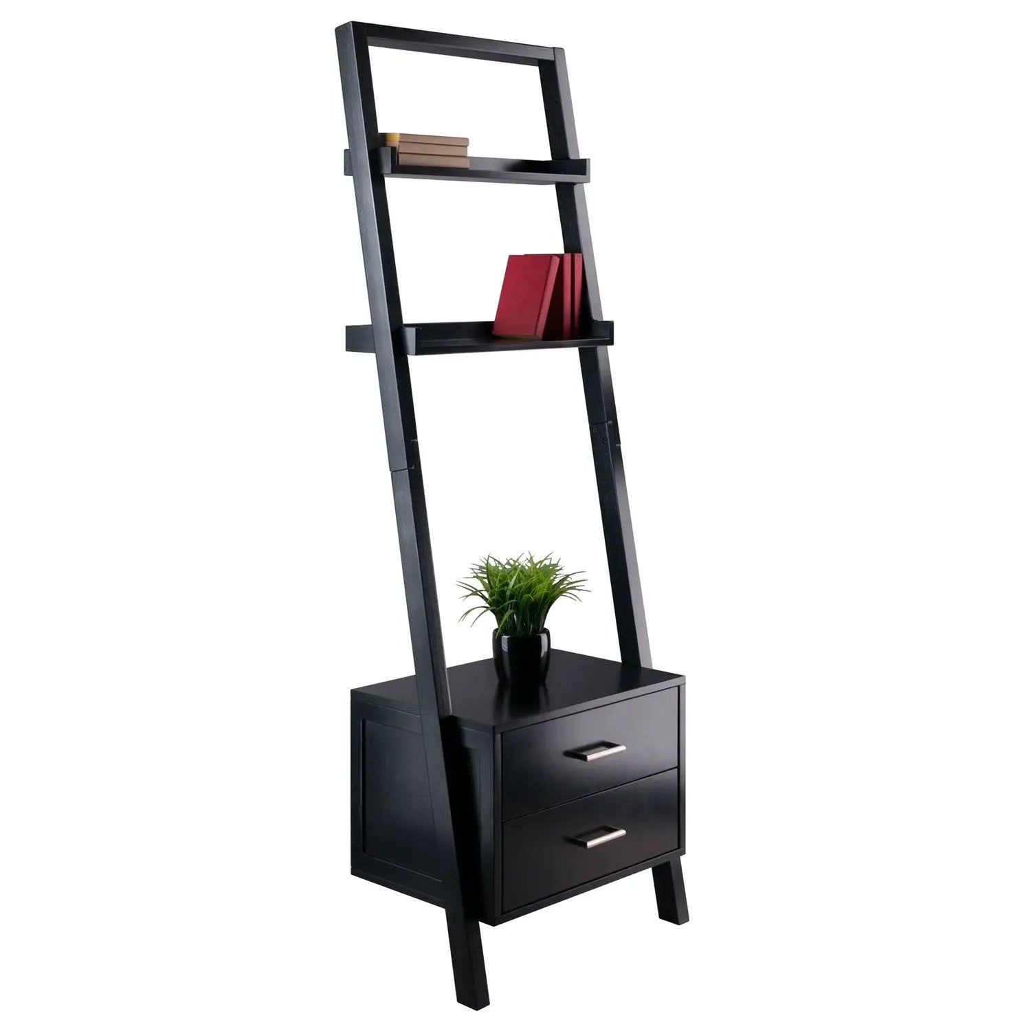 Modern Black 2 Drawer Entryway Shelf Leaning Ladder Bookshelf Bookcase by HomePacific