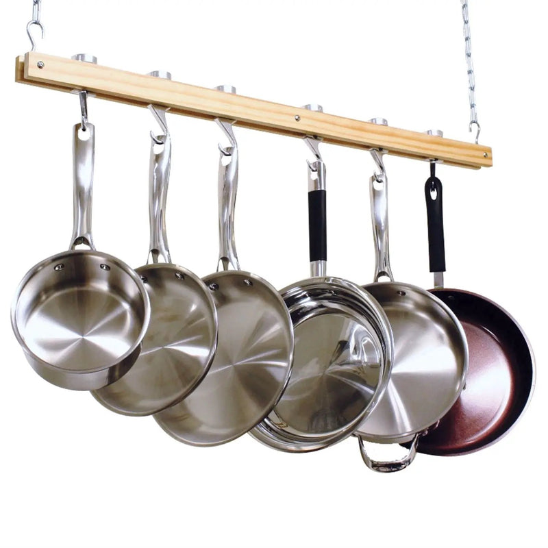 Ceiling Mount Single Bar Wooden Pot Rack with 4 Pan Hooks by HomePacific