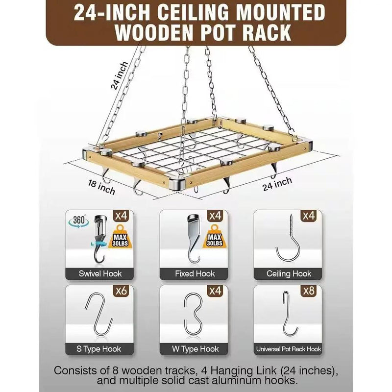 Rectangular 23.5-inch Metal Wood Ceiling Mounted Kitchen Pot Rack by HomePacific
