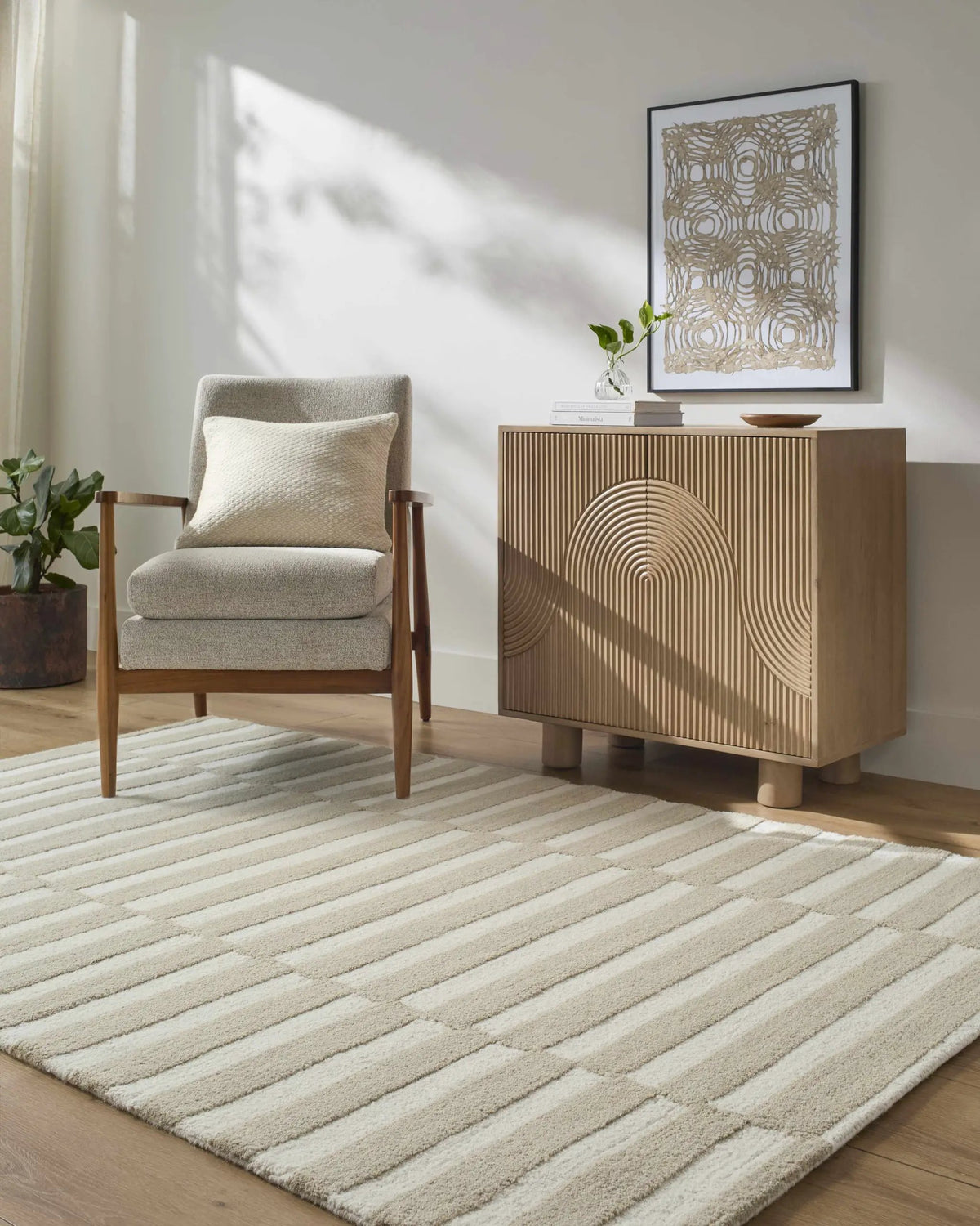Idaho Broken-Striped Beige Area Rug, installed in a room