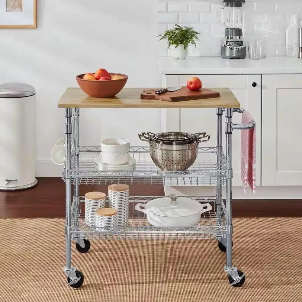 Kitchen Island Cart with Wood Top and 2 Bottom Storage Shelves on Wheels by HomePacific