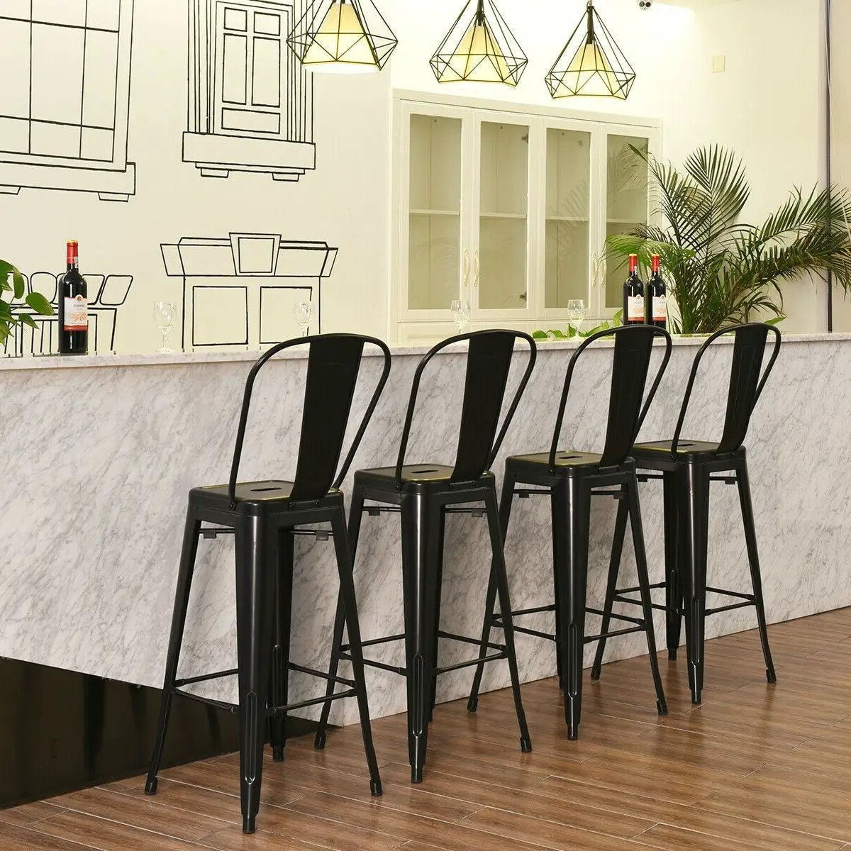 Set of 4 Black 30" Height High Back Metal Industrial Bar Stools by HomePacific