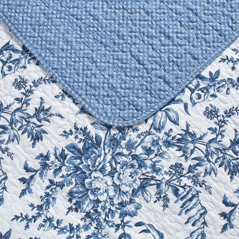 Full/Queen 3 Piece Bed In A Bag Reversible Blue White Floral Cotton Quilt Set by HomePacific