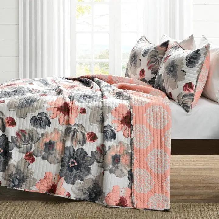 Full/Queen Coral Grey Flowers Lightweight Polyester Microfiber Quilt Set by HomePacific