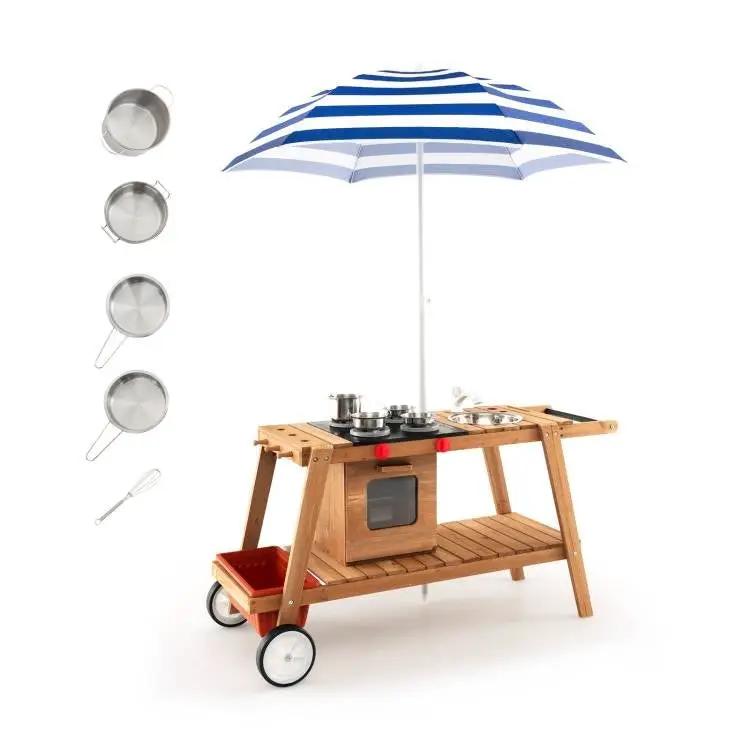 Kids Wooden Play Portable Cook Cart Set Navy/White Sun Proof Umbrella by HomePacific