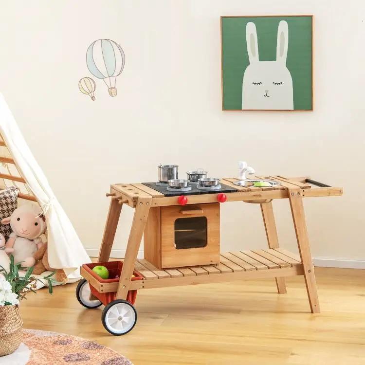Kids Wooden Play Portable Cook Cart Set Navy/White Sun Proof Umbrella by HomePacific