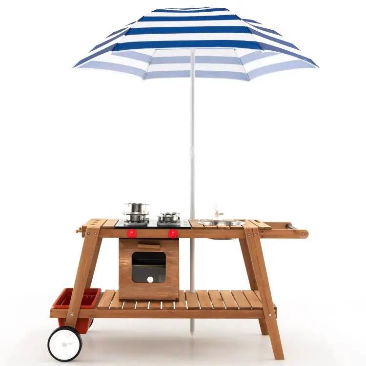 Kids Wooden Play Portable Cook Cart Set Navy/White Sun Proof Umbrella by HomePacific
