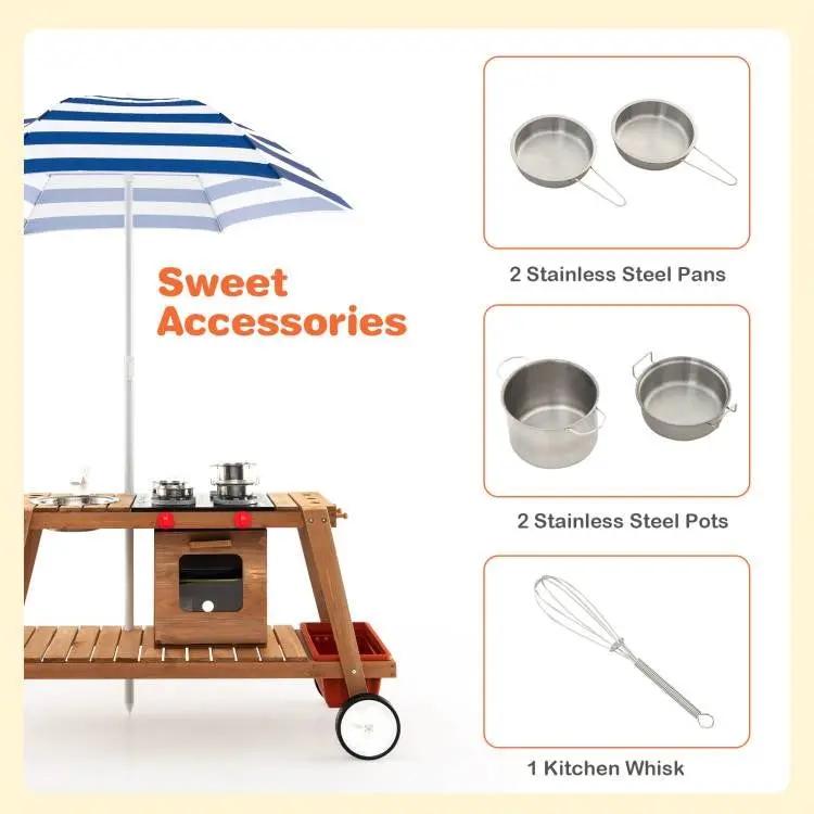 Kids Wooden Play Portable Cook Cart Set Navy/White Sun Proof Umbrella by HomePacific