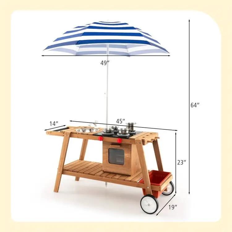 Kids Wooden Play Portable Cook Cart Set Navy/White Sun Proof Umbrella by HomePacific